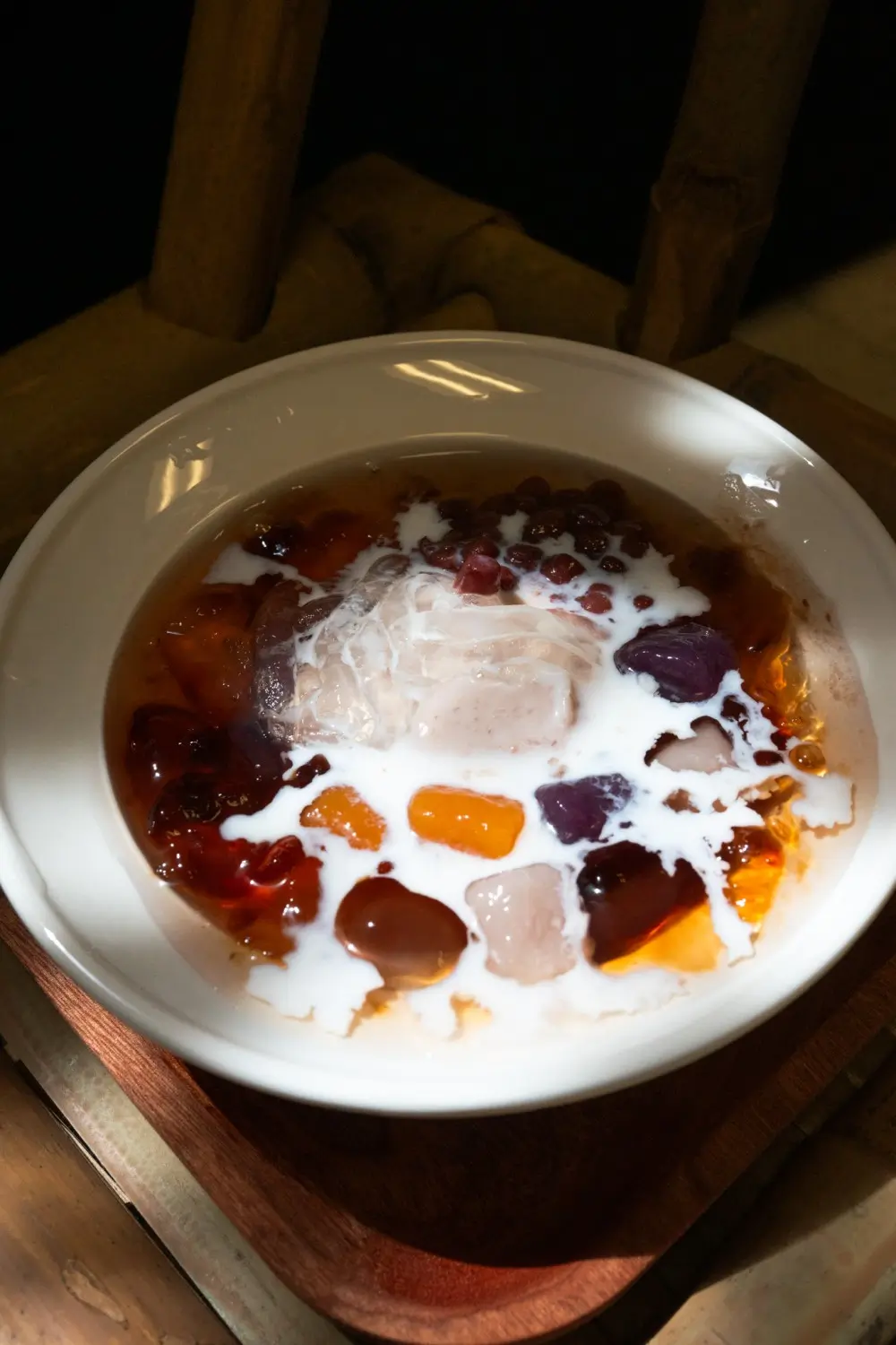 Taro paste and peach resin mixed with coconut flavor, tropical and delicious at Sweet Newbie,a Dessert Shop in Chicago