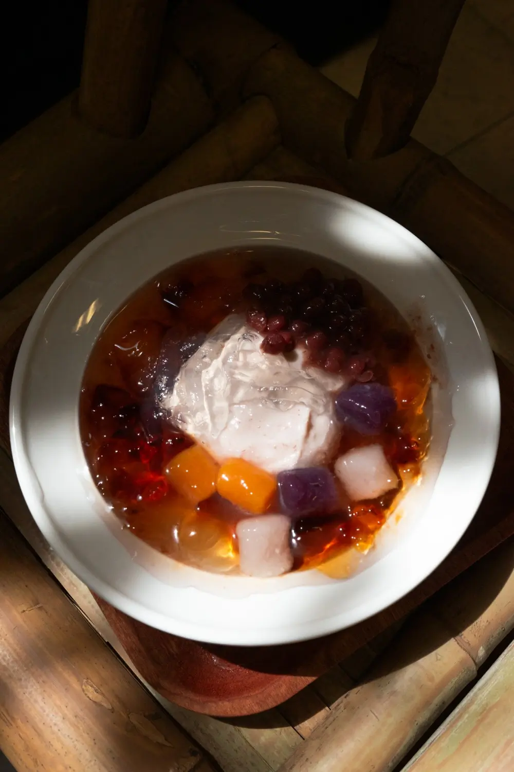Fresh milk mixed with peach resin and taro paste, smooth and nutritious at Sweet Newbie,a Dessert Shop in Chicago