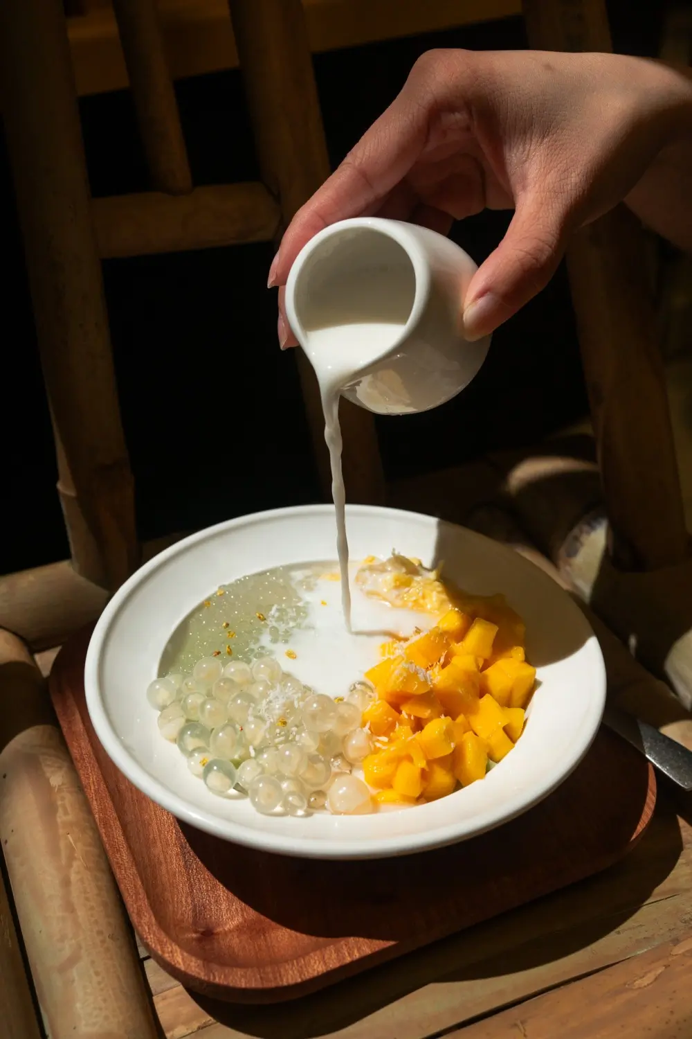 River noodles mixed with durian and mango, a unique flavor combination at Sweet Newbie,a Dessert Shop in Chicago