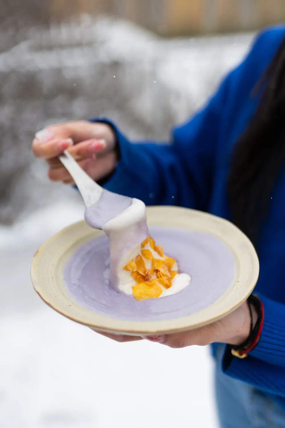 A mixture of fresh milk, mochi, and taro paste, thick and flavorful at Sweet Newbie,a Dessert Shop in Chicago